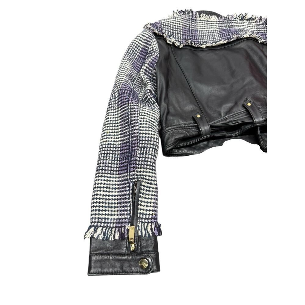 Apart Cropped Leather & Wool Blend Biker Jacket Fringe Trim sz 8 - Picture 8 of 15